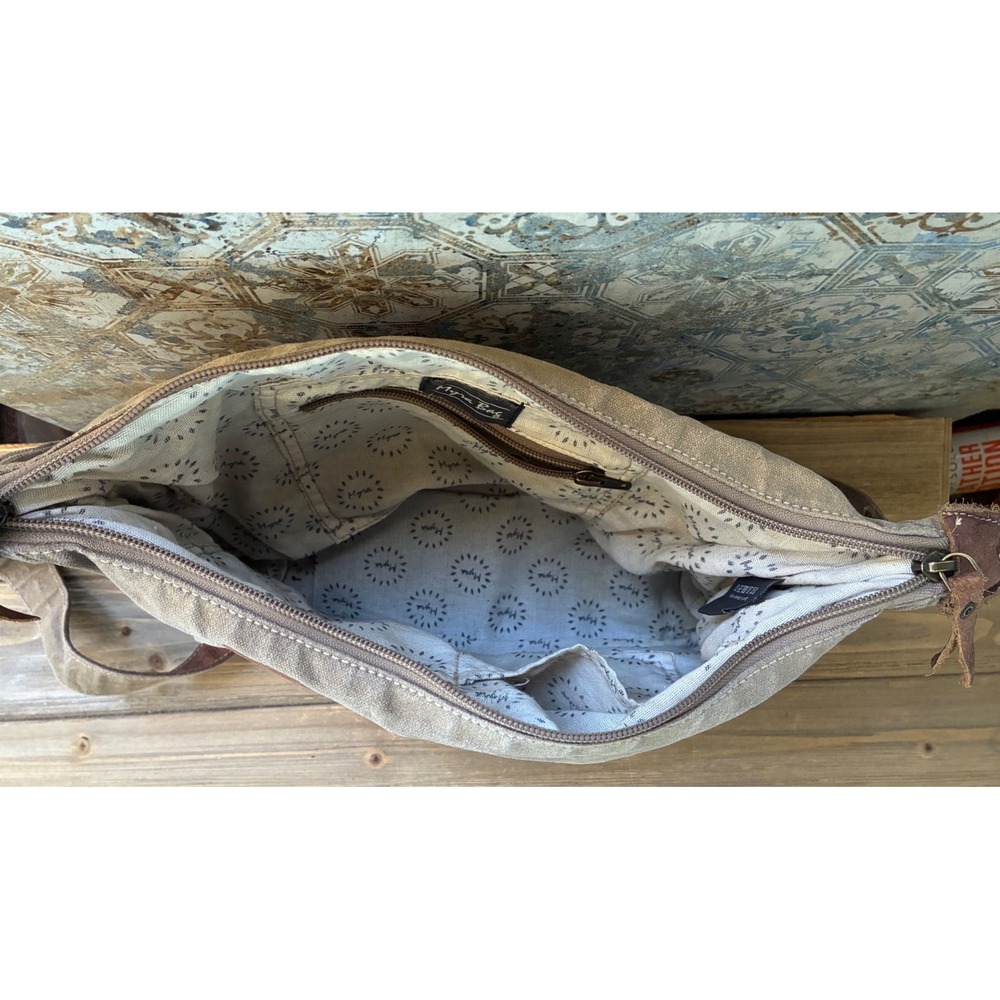 Myra Bag Canvas Leather Crossbody Bag Earth Tone Upcycled S-1294 Brown Tan - Picture 3 of 4